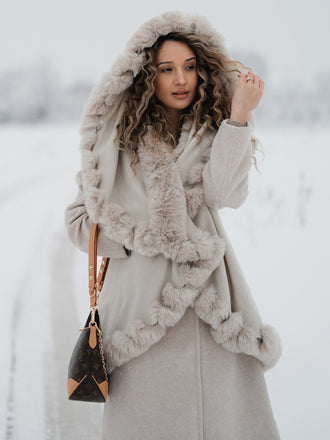 Khaki 1950er Pelzkragen Doppelschicht Umhangschal