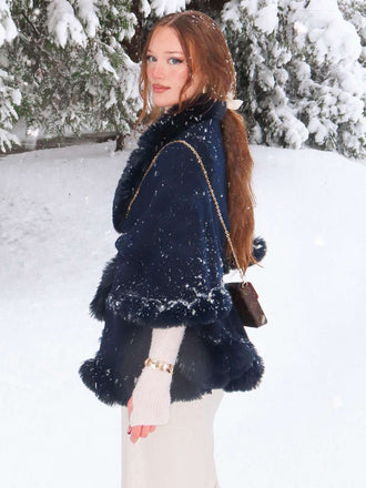 Marineblau 1950er Pelzkragen Doppelschicht Umhangschal