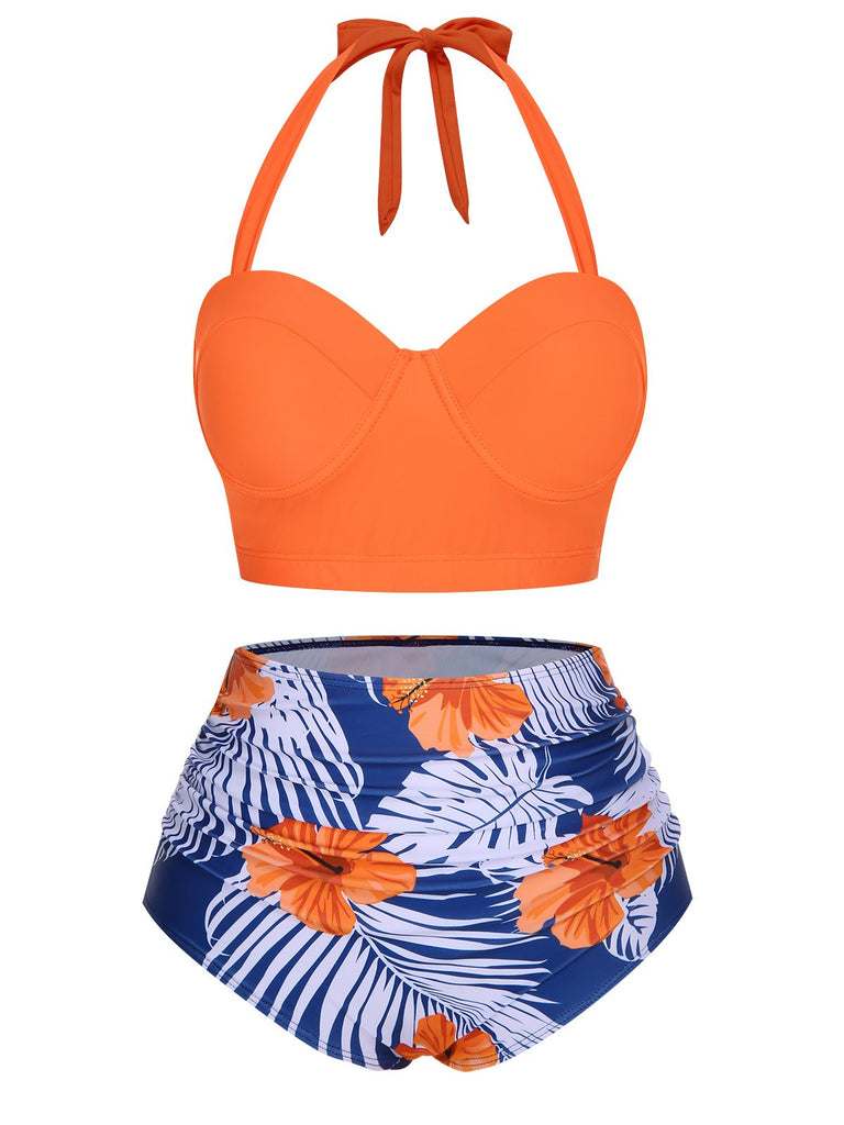 Orange 1940s Halter Blumen Gerafft Bikini Set