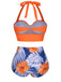 Orange 1940s Halter Blumen Gerafft Bikini Set