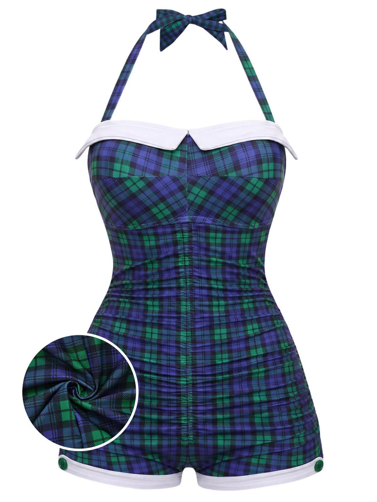 1950er Halter Gestreift Polka Dot Schleife Einteiliger Badeanzug