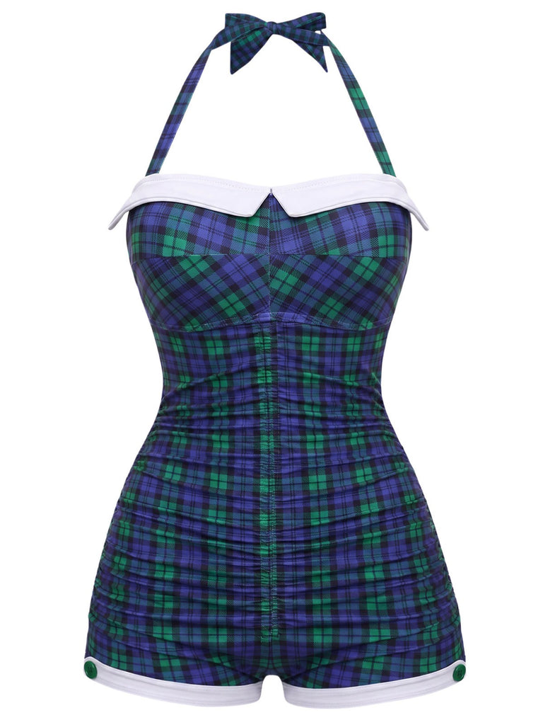 1950er Halter Gestreift Polka Dot Schleife Einteiliger Badeanzug