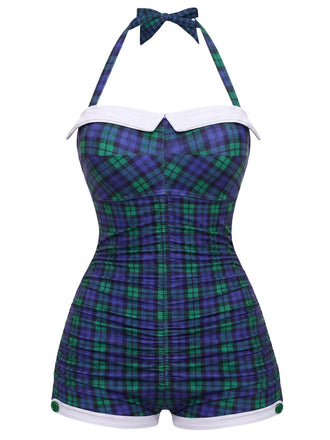 Blau & Grün Gingham 1950er Schleife Neckholder Badeanzug