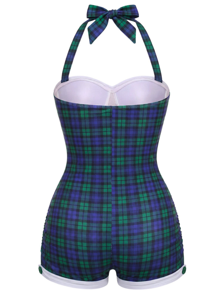 1950er Halter Gestreift Polka Dot Schleife Einteiliger Badeanzug