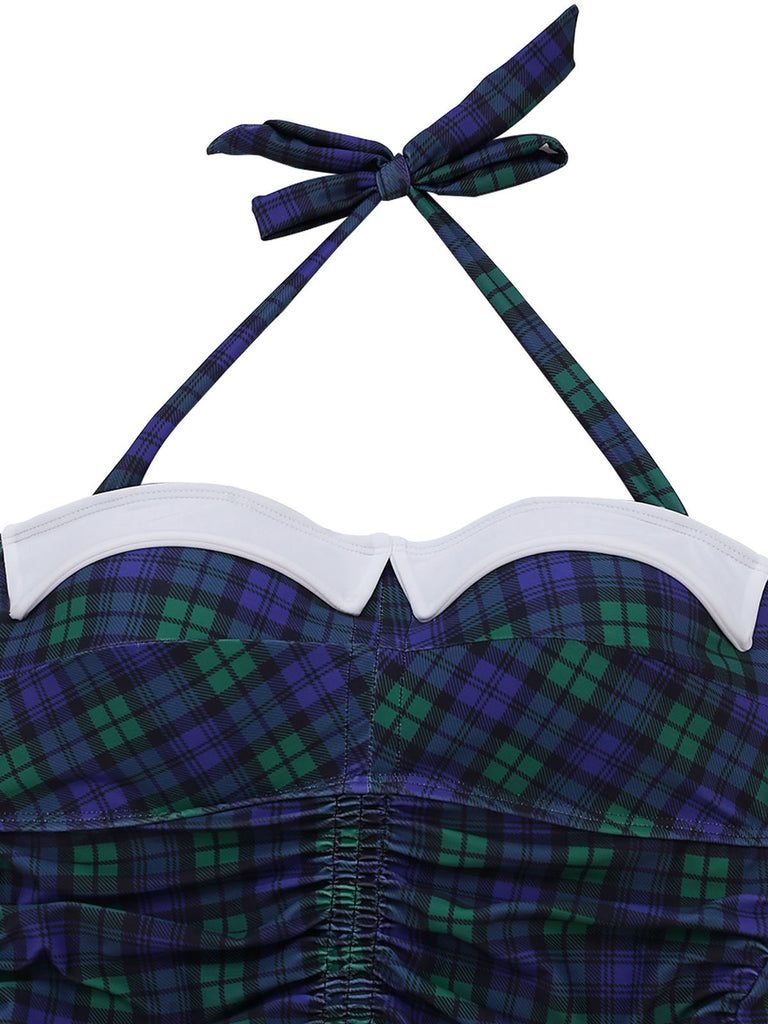 1950er Halter Gestreift Polka Dot Schleife Einteiliger Badeanzug