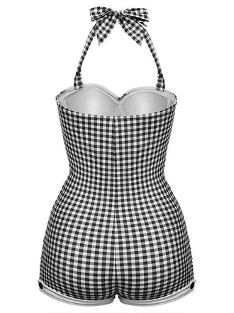 Schwarz Gingham 1950er Schleife Neckholder Badeanzug