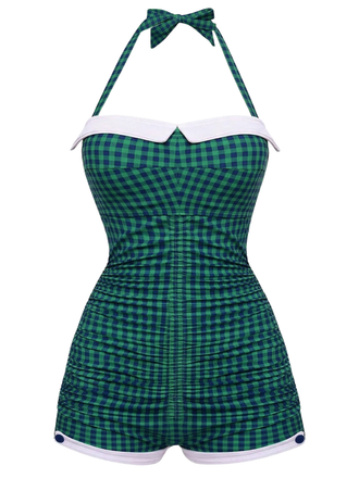 Dunkelgrün Gingham 1950er Schleife Neckholder Badeanzug
