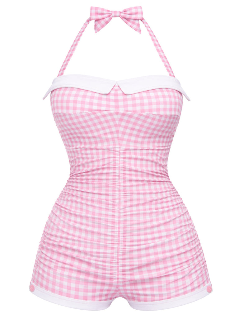 Schwarz Gingham 1950er Schleife Neckholder Badeanzug