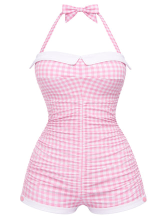 Rosa Gingham 1950er Schleife Neckholder Badeanzug