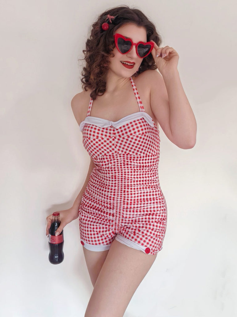 Rot Gingham 1950er Schleife Neckholder Badeanzug