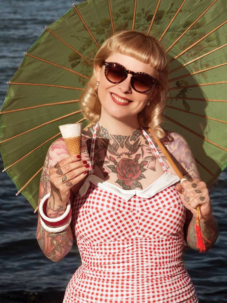 KARIERTER EINTEILIGER BADEANZUG MIT NECKHOLDER UND BOWKNOT