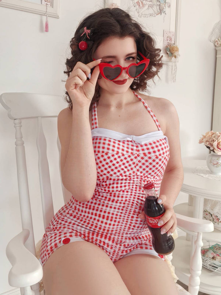 Rot Gingham 1950er Schleife Neckholder Badeanzug