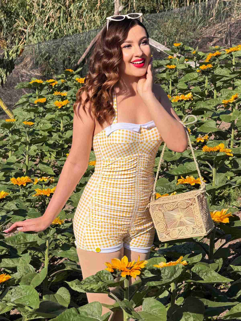 Gelb Gingham 1950er Schleife Neckholder Badeanzug
