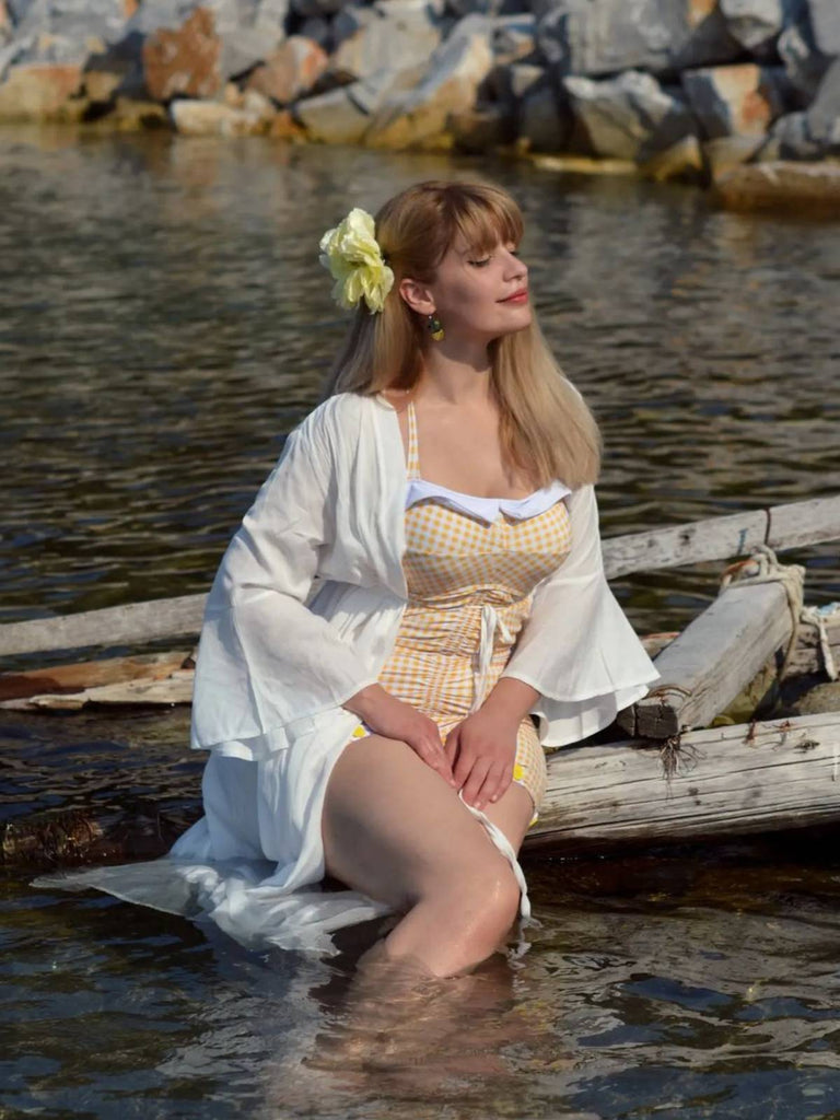 Gelb Gingham 1950er Schleife Neckholder Badeanzug