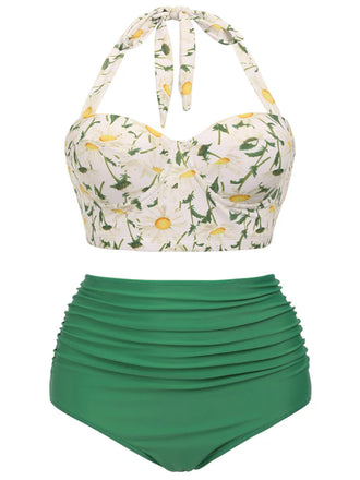 [Übergröße] Grün 1950er Blumen Halter Bikini Set