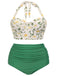 [Übergröße] Grün 1950er Blumen Halter Bikini Set