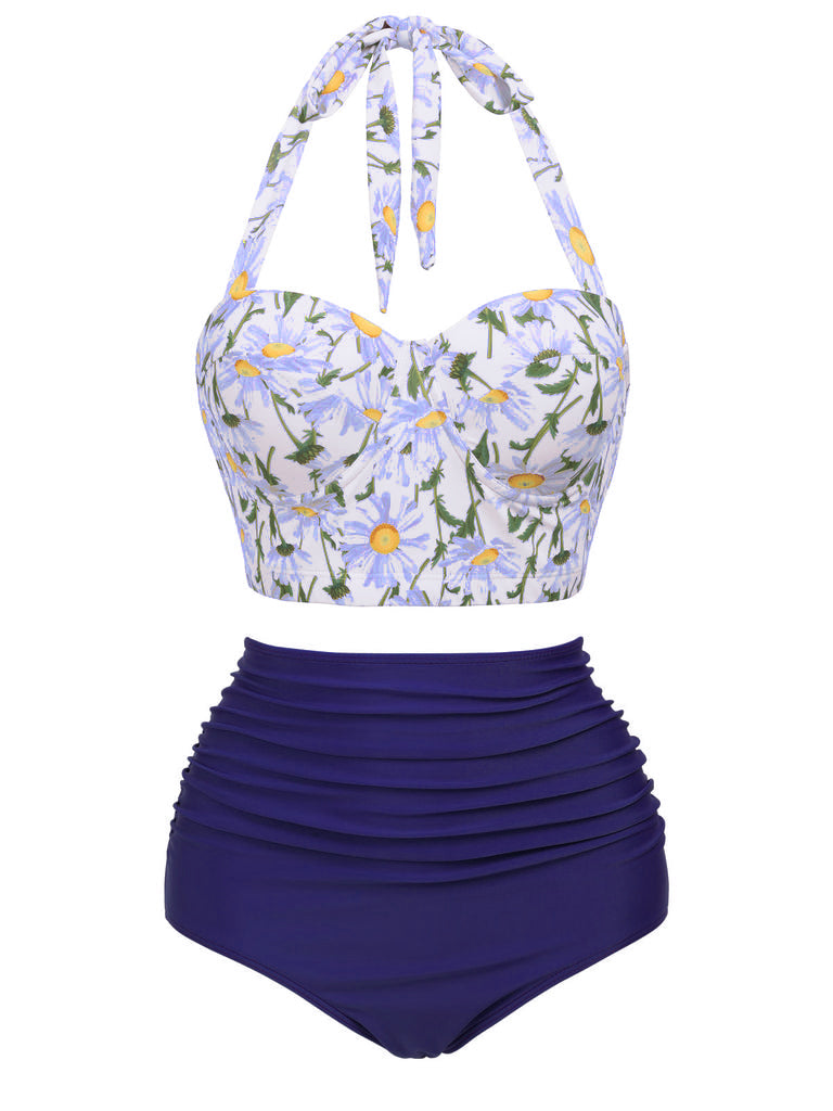 Blau 1950er Floral Neckholder Schnür Bikini Set