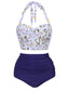 Blau 1950er Floral Neckholder Schnür Bikini Set