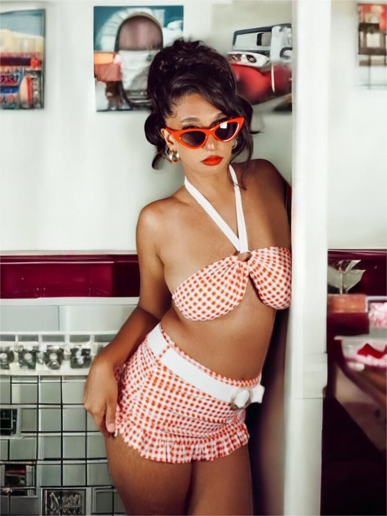 RETRO ROTES KARIERTES HALFTER BIKINI-SET