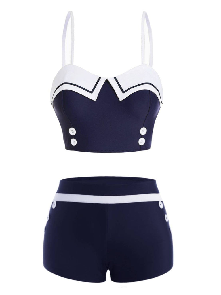 Marineblau 1950er Spaghetti Knöpfe Badeanzug