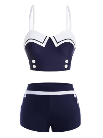 Marineblau 1950er Spaghetti Knöpfe Badeanzug