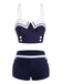 Marineblau 1950er Spaghetti Knöpfe Badeanzug