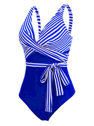 [Übergröße] Blau 1950er Streifen Schnürung Einteiliger Badeanzug