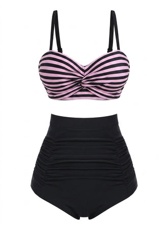 40er Bikini-Set mit Streifen und Colorblock in Rosa