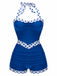 Blau 1940er Halter Patchwork Einteiliger Badeanzug