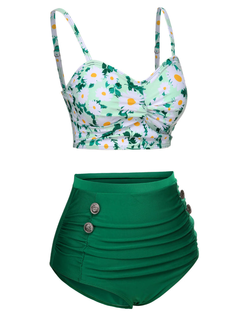 Grüner 1950er Daisy Strap Plissee Badeanzug