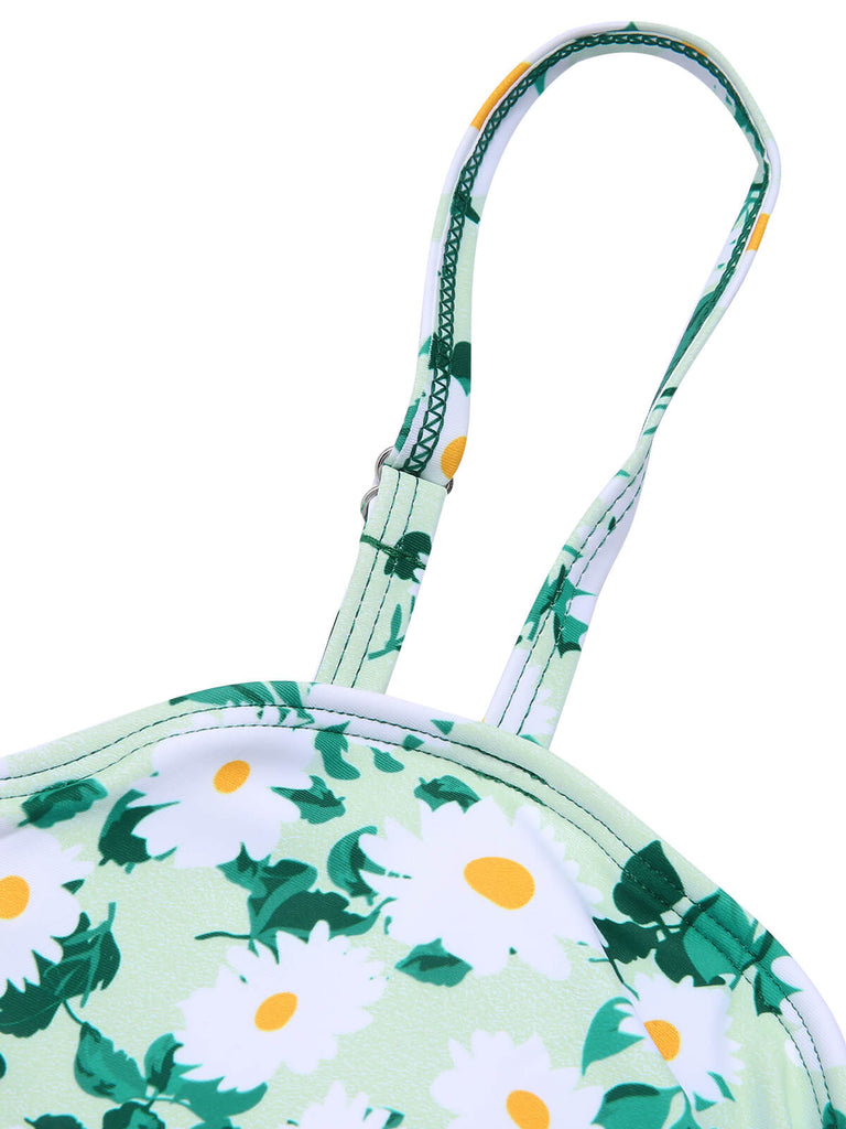 Grüner 1950er Daisy Strap Plissee Badeanzug