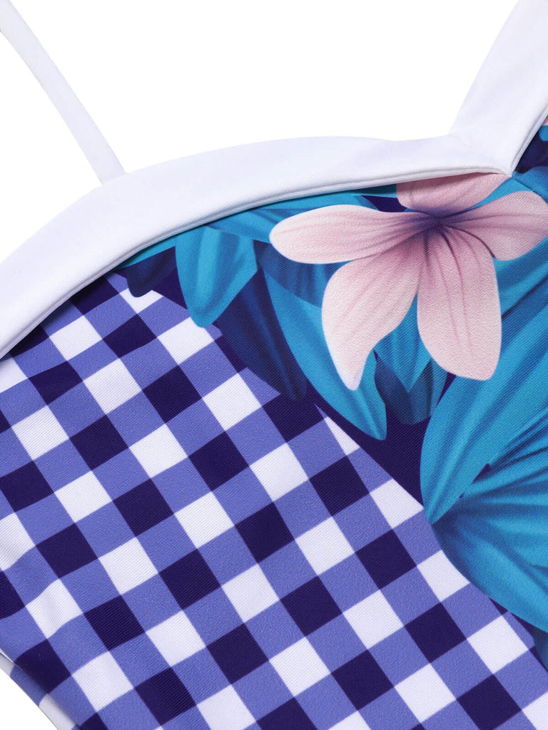 Blauer 1950er karierter & floraler Badeanzug