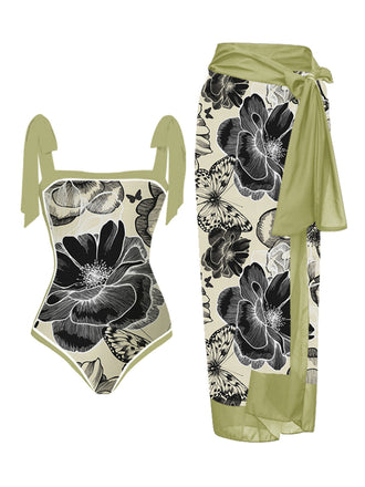 Schwarz 1950er Ink Floral Halter Badeanzug Einteilig