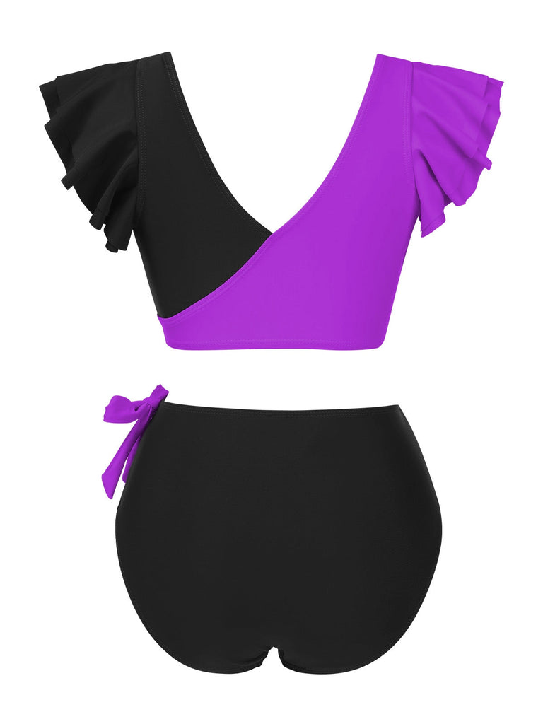 1950er Farbblock Rüschen Gerüschtes Bogen Bikini Set