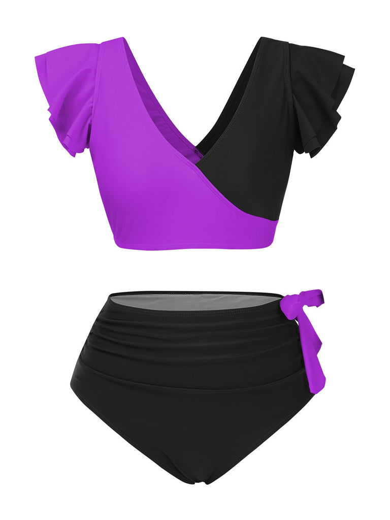 1950er Farbblock Rüschen Gerüschtes Bogen Bikini Set