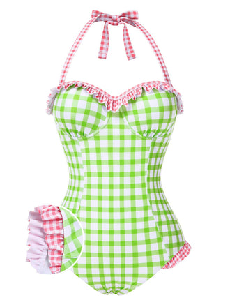 [Vorverkauf] Grün 1940er Plaid Rüschen Halter Badeanzug