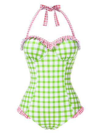 [Vorverkauf] Grün 1940er Plaid Rüschen Halter Badeanzug