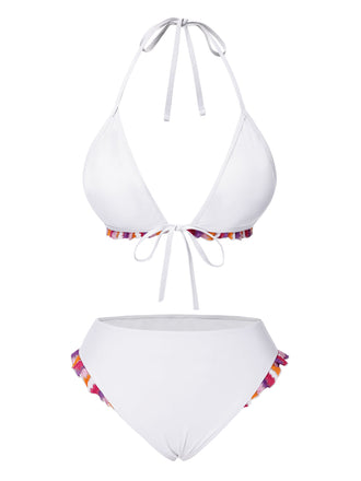 [Vorverkauf] Weiß 1960er Boho Patchwork Schnürung Halter Bikini