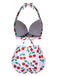 Weiß 1930er Rot Kirsche Gerüschtes Halter Bikini Set