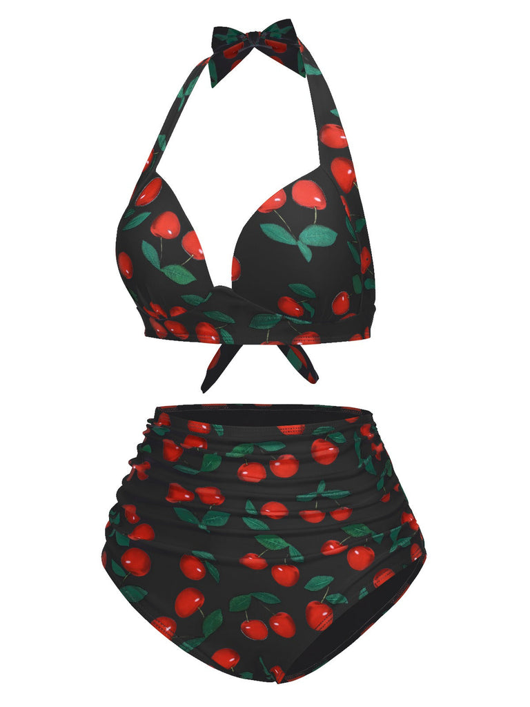 Weiß 1930er Rot Kirsche Gerüschtes Halter Bikini Set