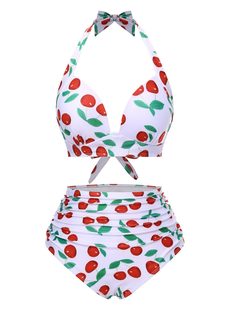 Weiß 1930er Rot Kirsche Gerüschtes Halter Bikini Set