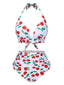 Weiß 1930er Rot Kirsche Gerüschtes Halter Bikini Set