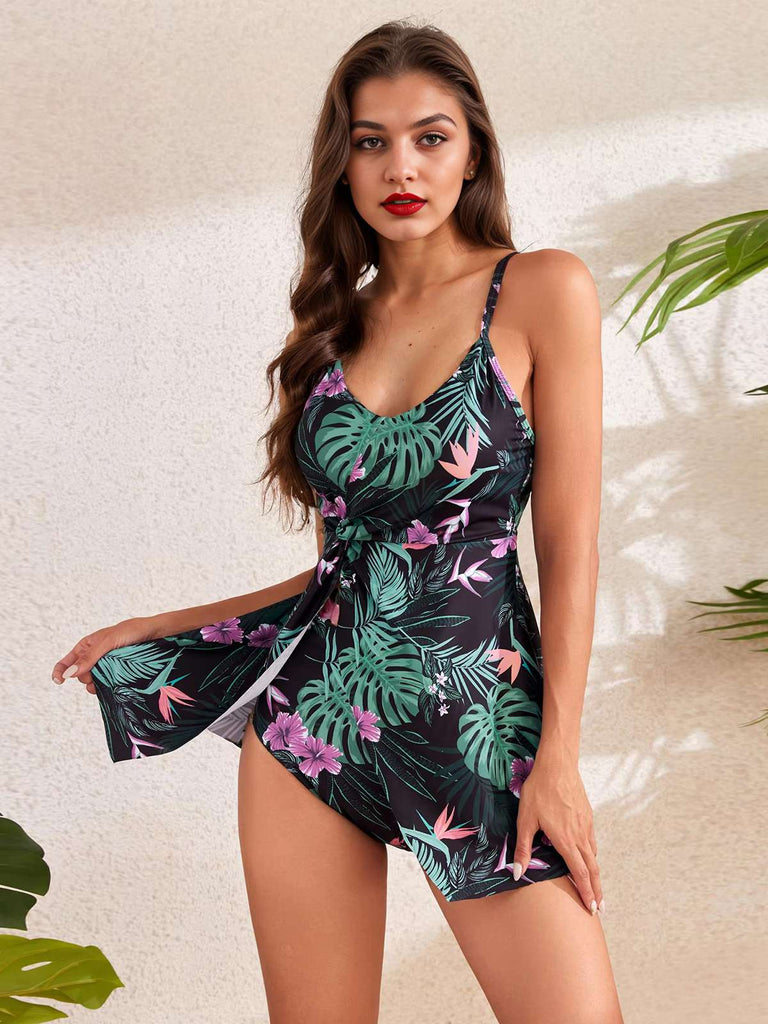 1940er Spaghetti Träger Blumen Gedruckt Badeanzug