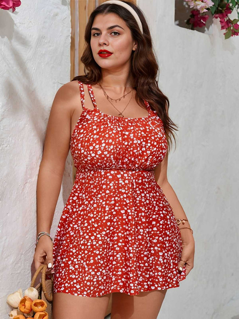 [Übergröße] Rot 1960er Blumen Kreuz Träger Badeanzug