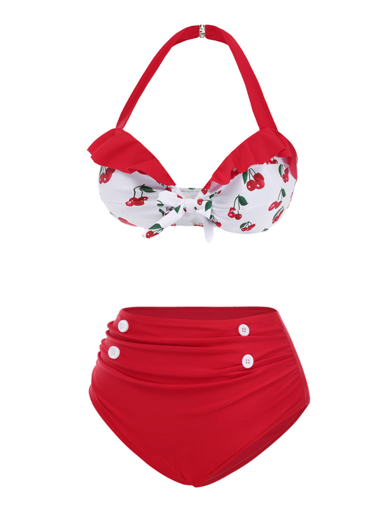Rot 1950er Halter Rüschen Kirsche Bikini Set