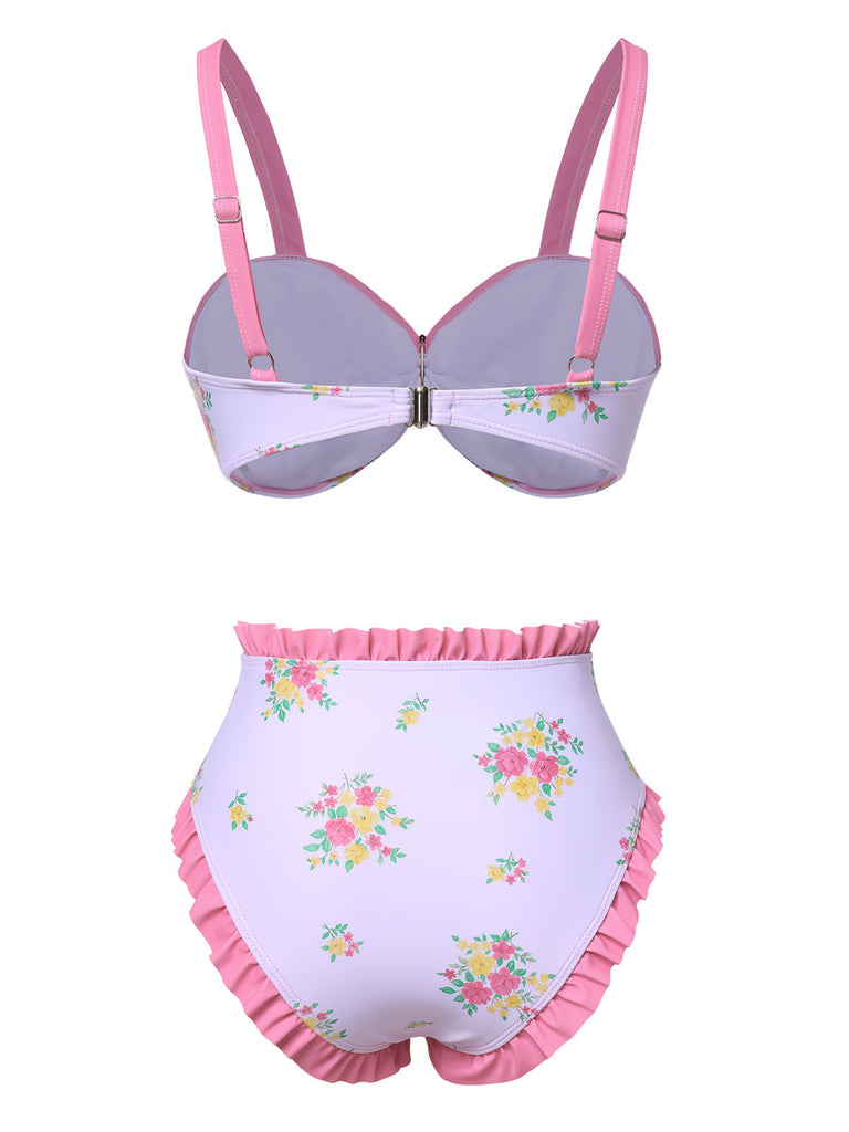 Rosa 1950er Rüschen Hem Blumen Bikini Set
