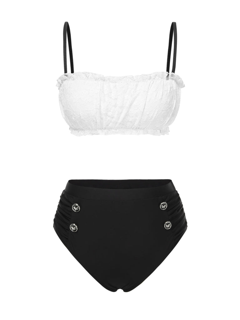 Schwarz & Weiß 1930er Farbblock Spitze Bikini Set