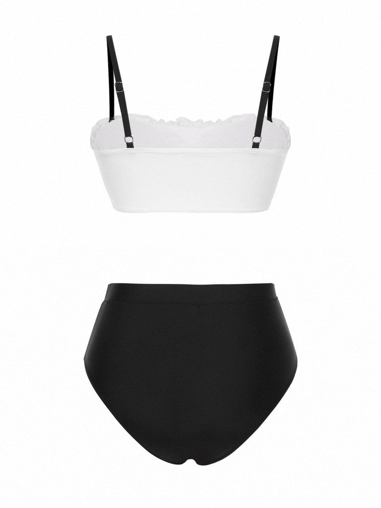 Schwarz & Weiß 1930er Farbblock Spitze Bikini Set