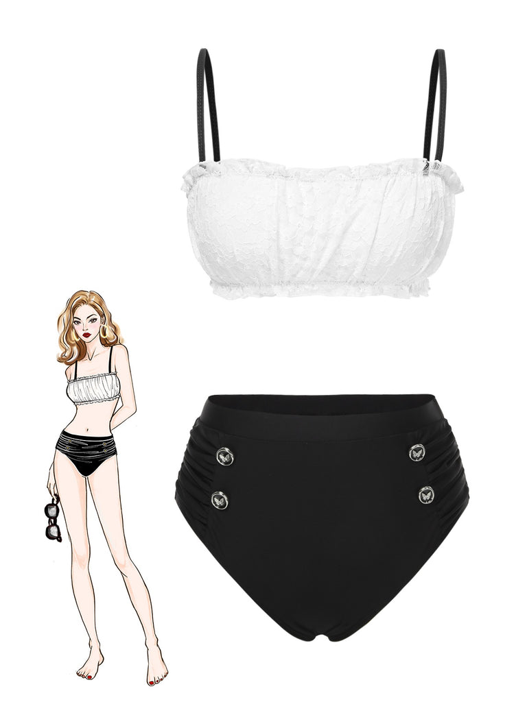 Schwarz & Weiß 1930er Farbblock Spitze Bikini Set