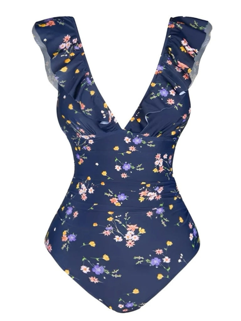 Multicolor 1950er Blumen Rüschen Zurück Ausgehöhlter Badeanzug